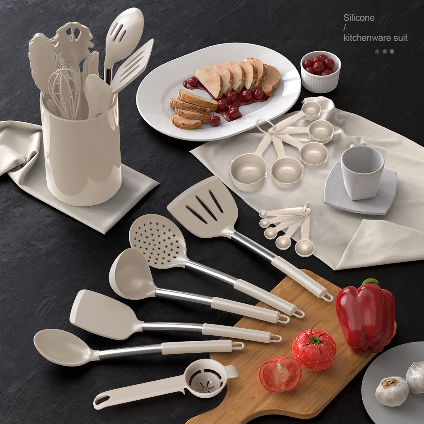 Large Silicone Cooking Utensils Set (Khaki)