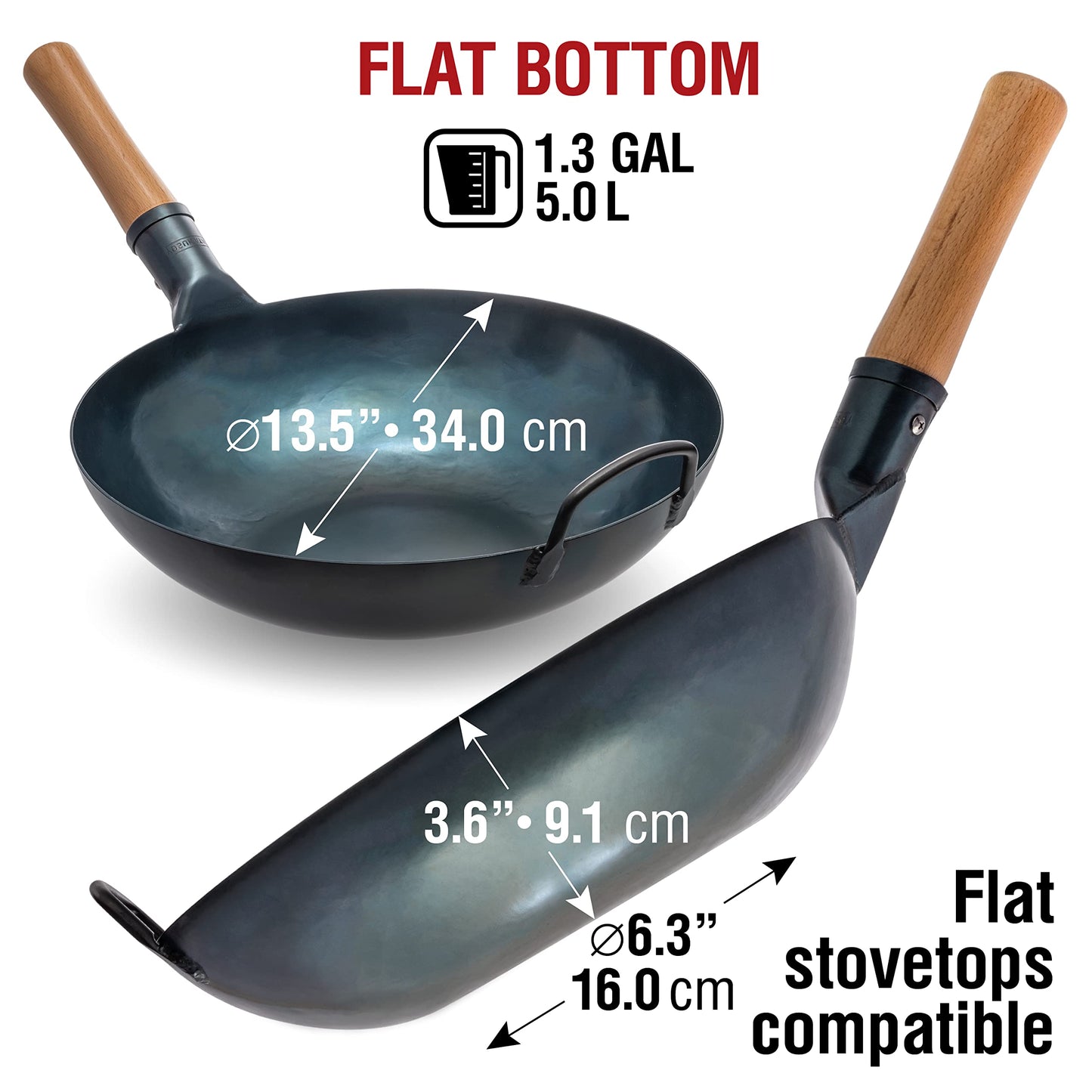 YOSUKATA Flat Bottom Wok Pan - 34 cm/13.5" Blue Carbon Steel Wok