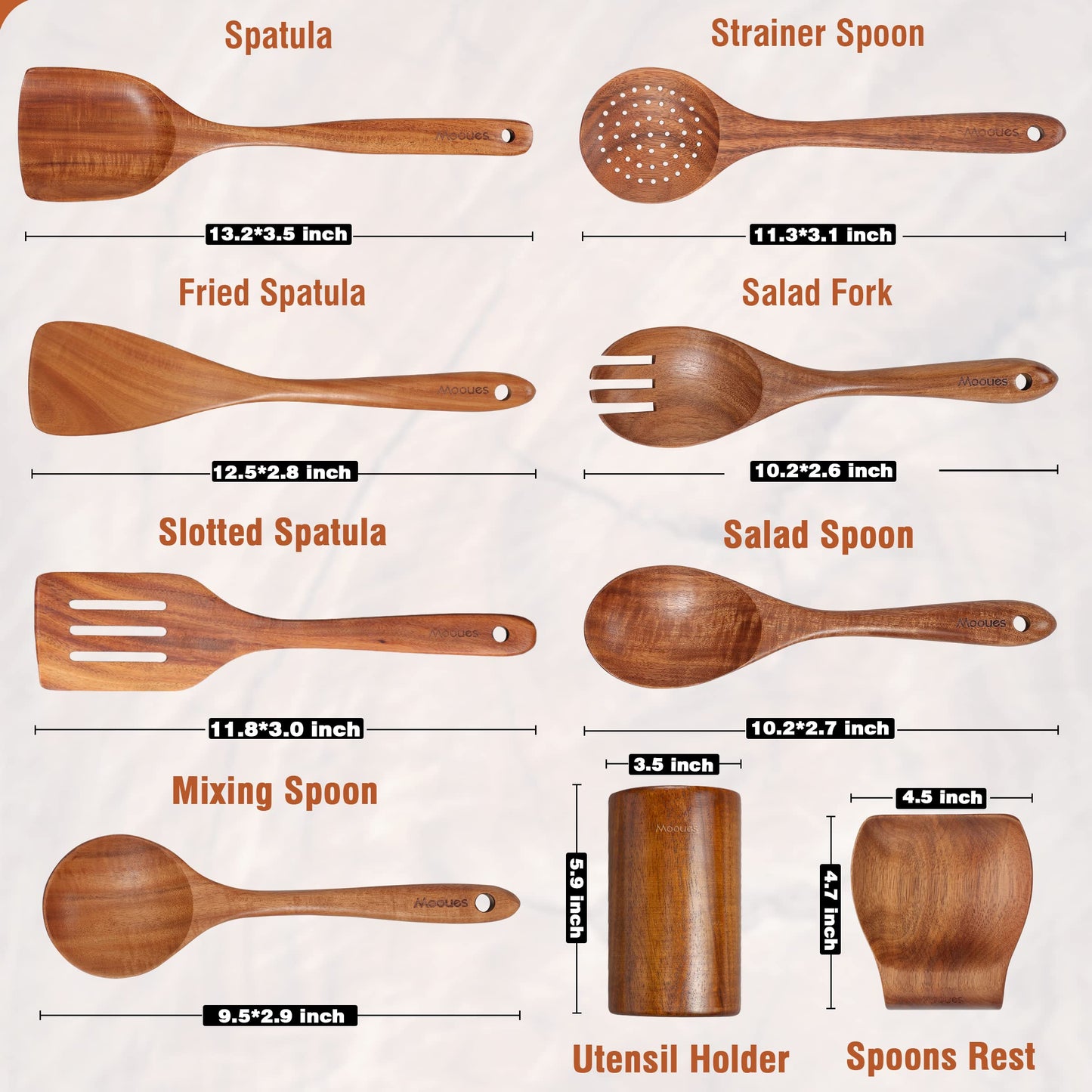 Mooues 9 Piece Natural Teak Wooden Kitchen Utensil Set