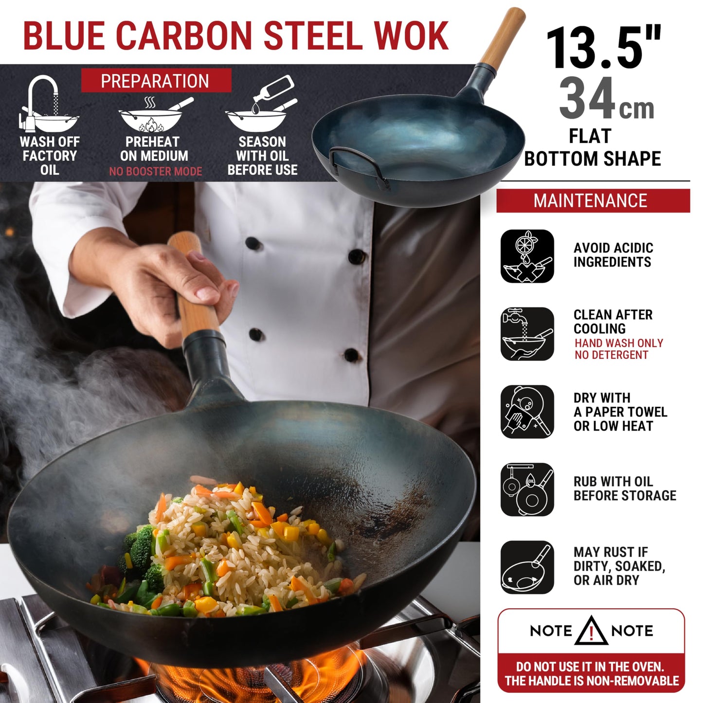 YOSUKATA Flat Bottom Wok Pan - 34 cm/13.5" Blue Carbon Steel Wok