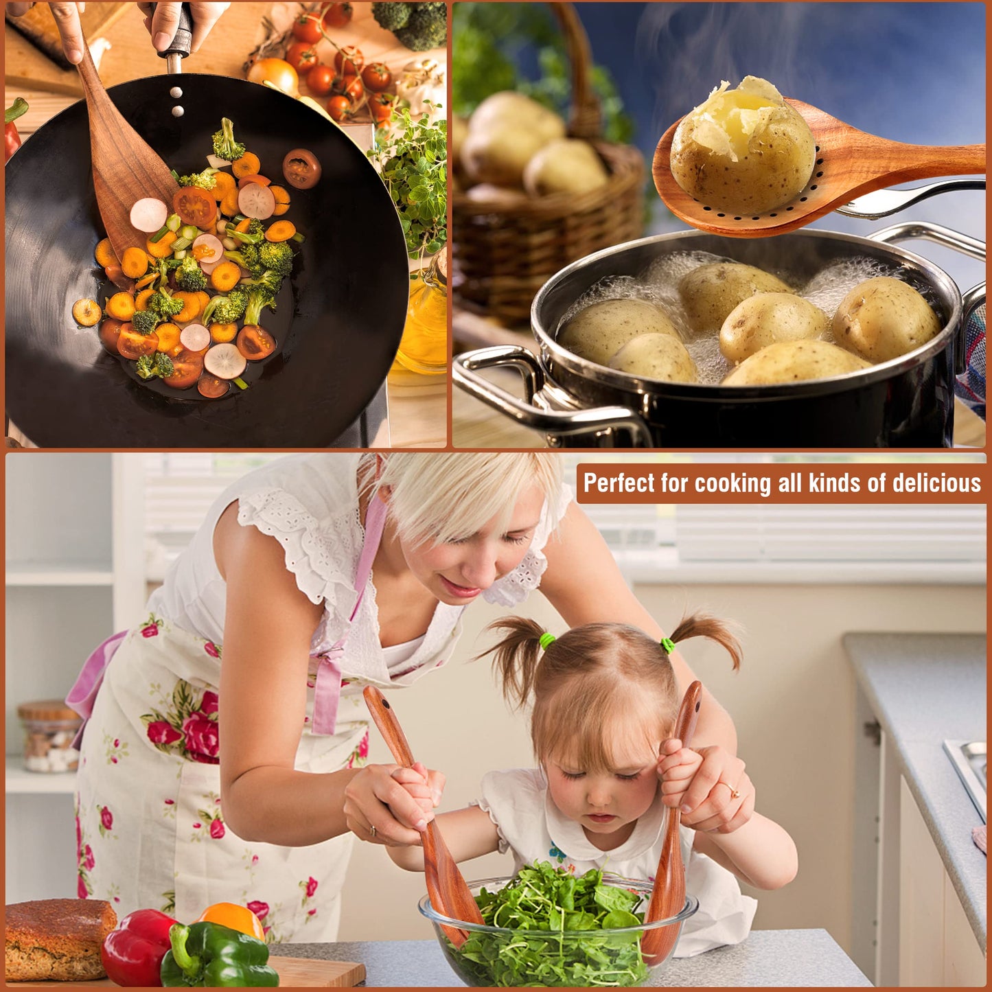 Mooues 9 Piece Natural Teak Wooden Kitchen Utensil Set