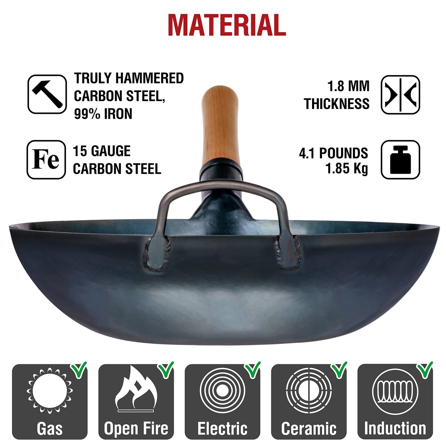 YOSUKATA Flat Bottom Wok Pan - 34 cm/13.5" Blue Carbon Steel Wok