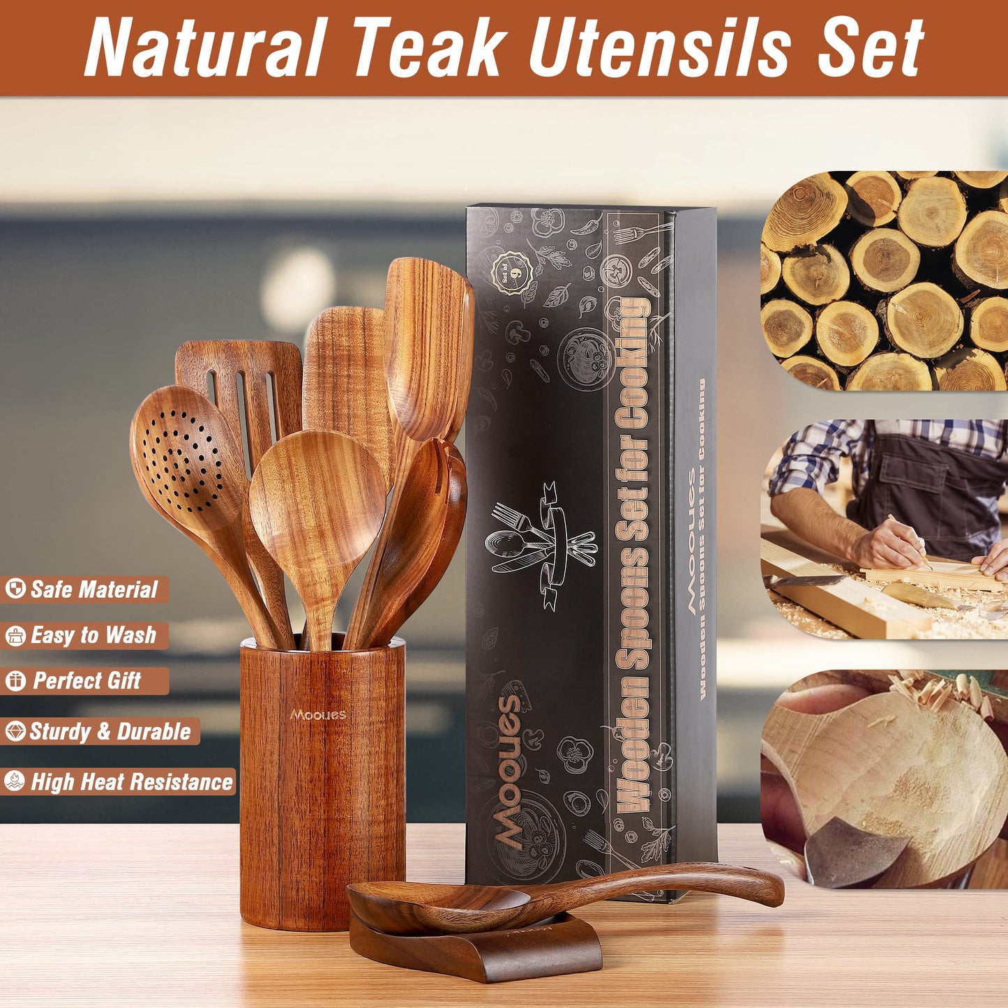 Mooues 9 Piece Natural Teak Wooden Kitchen Utensil Set