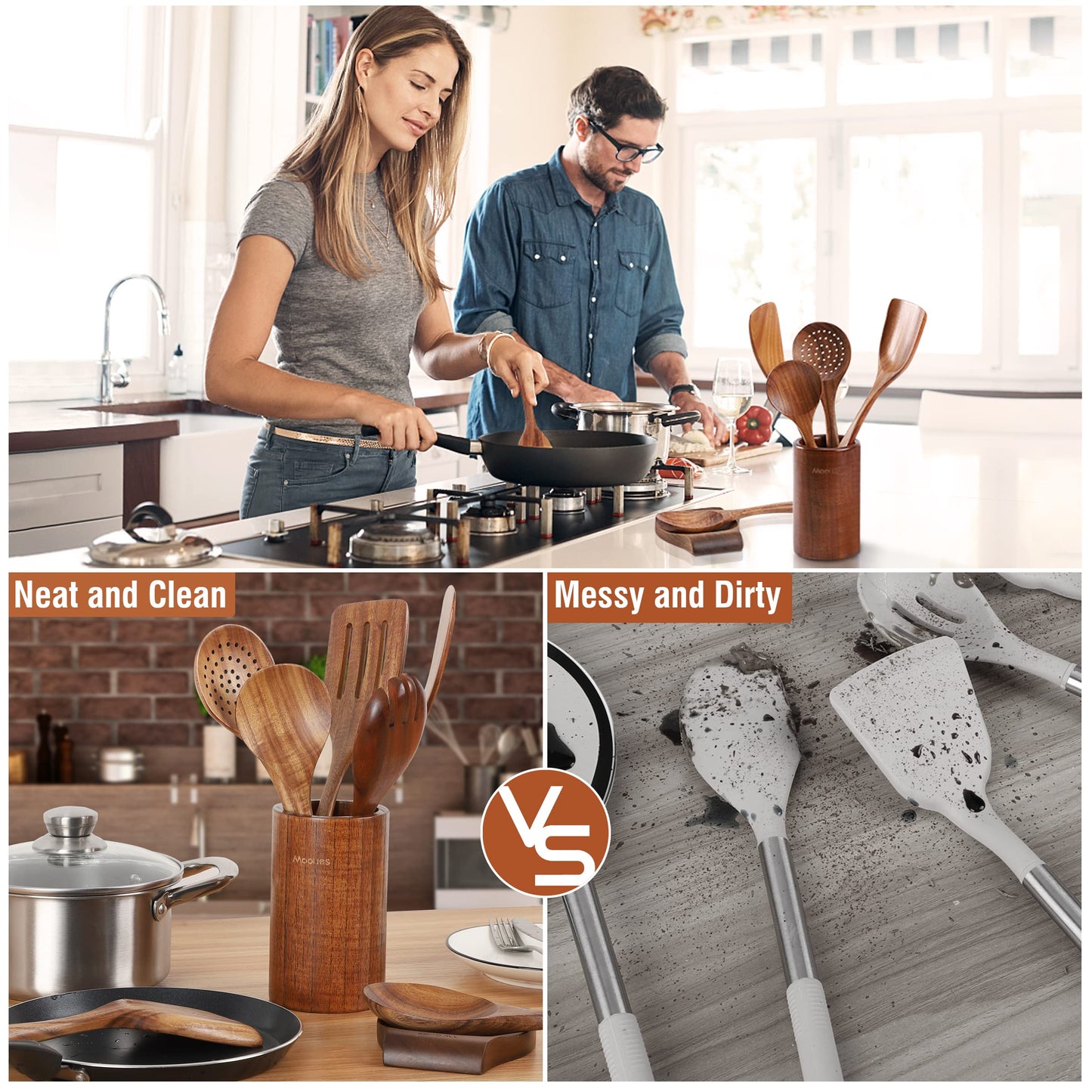 Mooues 9 Piece Natural Teak Wooden Kitchen Utensil Set