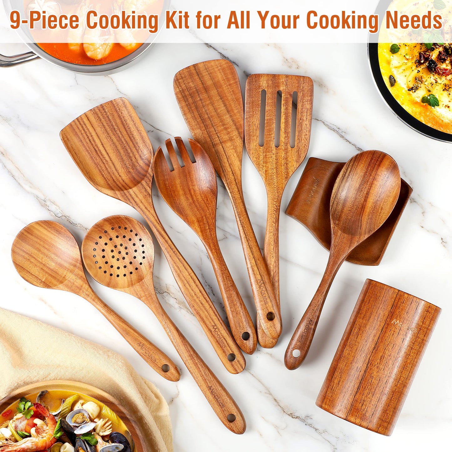 Mooues 9 Piece Natural Teak Wooden Kitchen Utensil Set