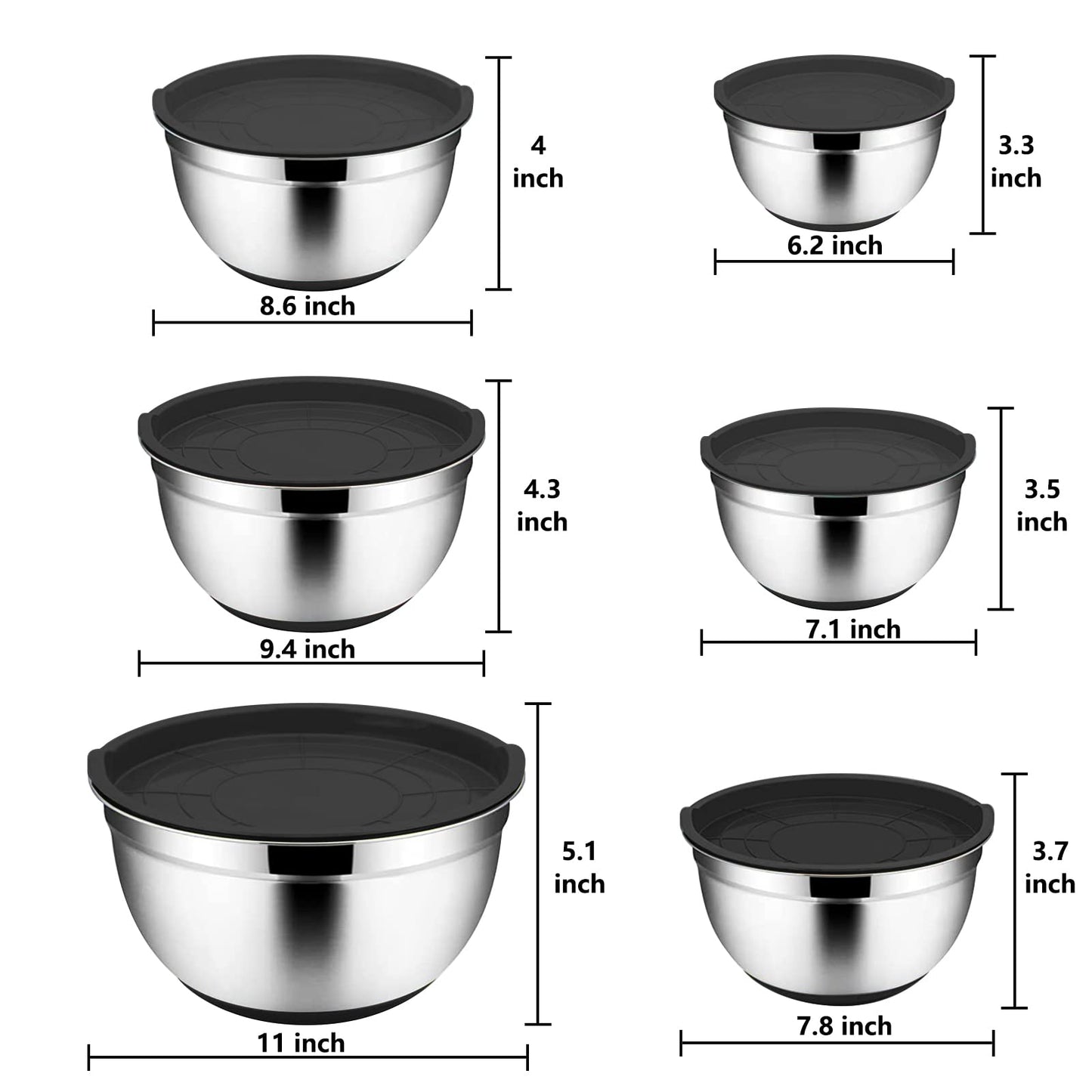 Menbyci 6 Pcs Stainless Steel Mixing Bowls - Black