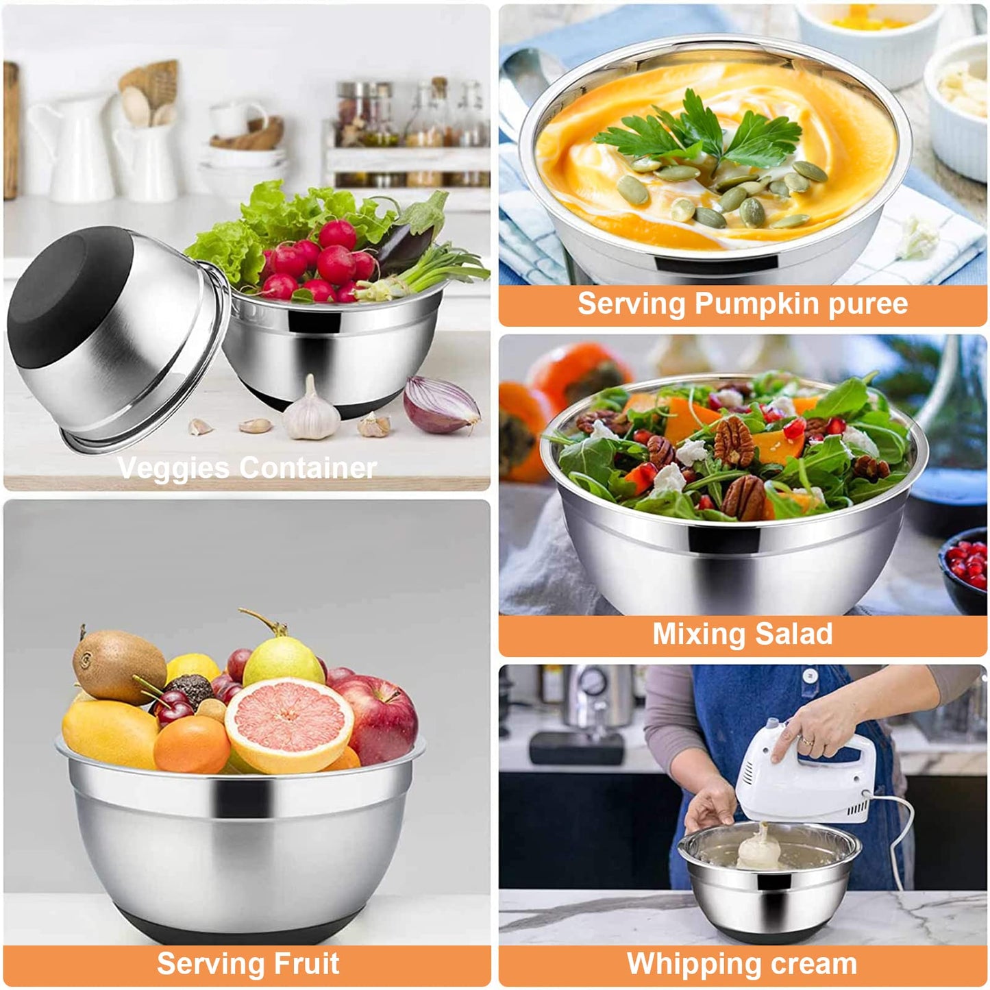 Menbyci 6 Pcs Stainless Steel Mixing Bowls - Black