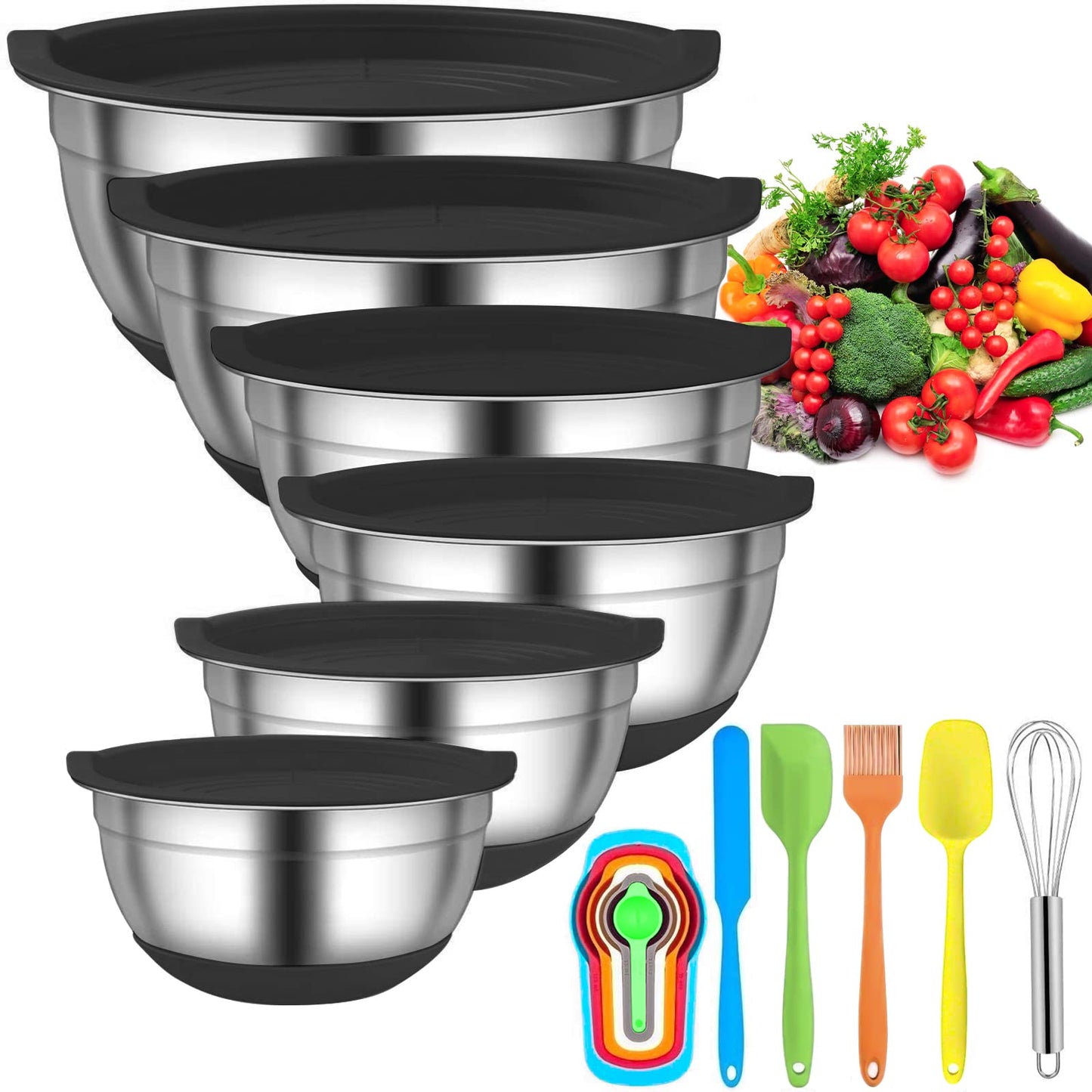 Menbyci 6 Pcs Stainless Steel Mixing Bowls - Black