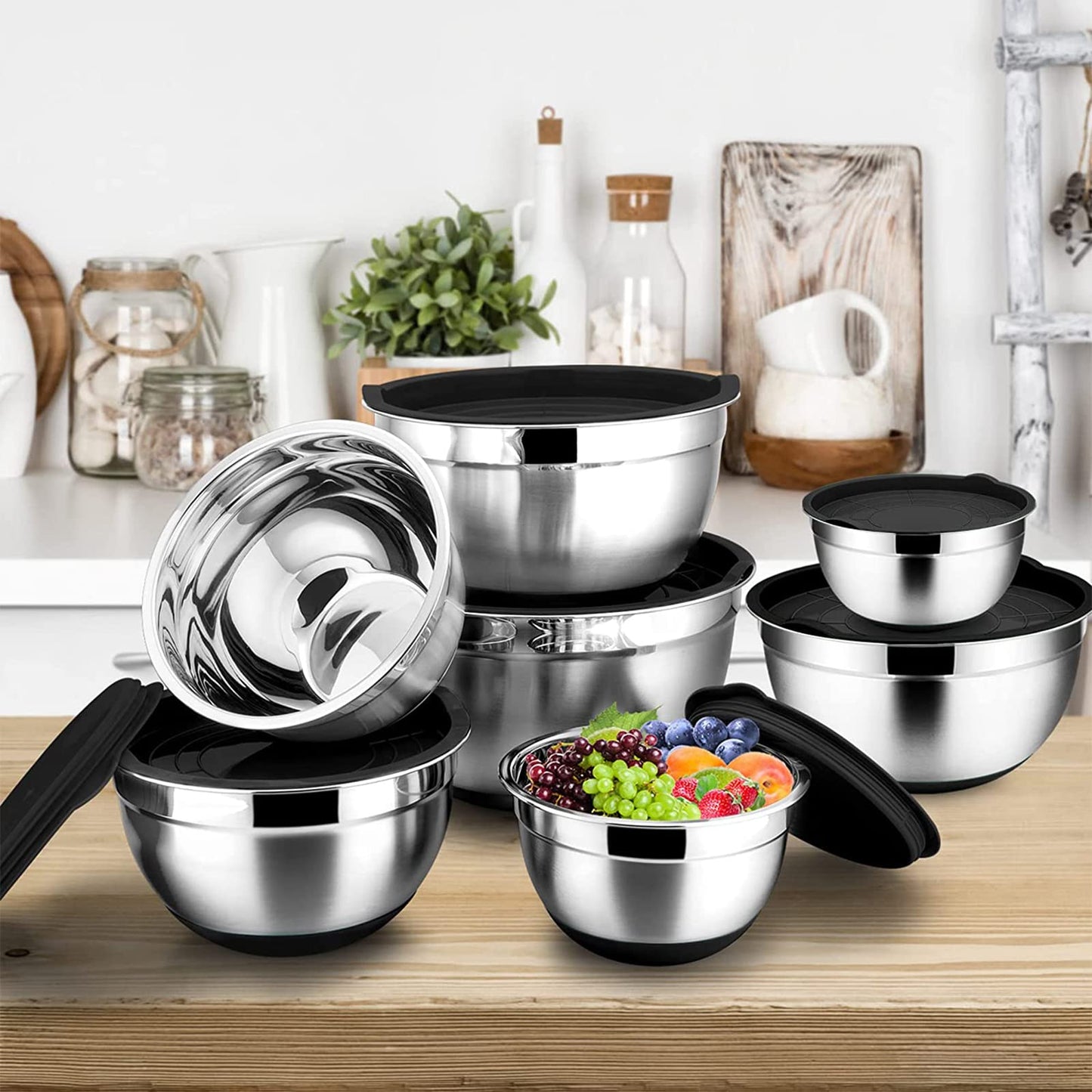 Menbyci 6 Pcs Stainless Steel Mixing Bowls - Black