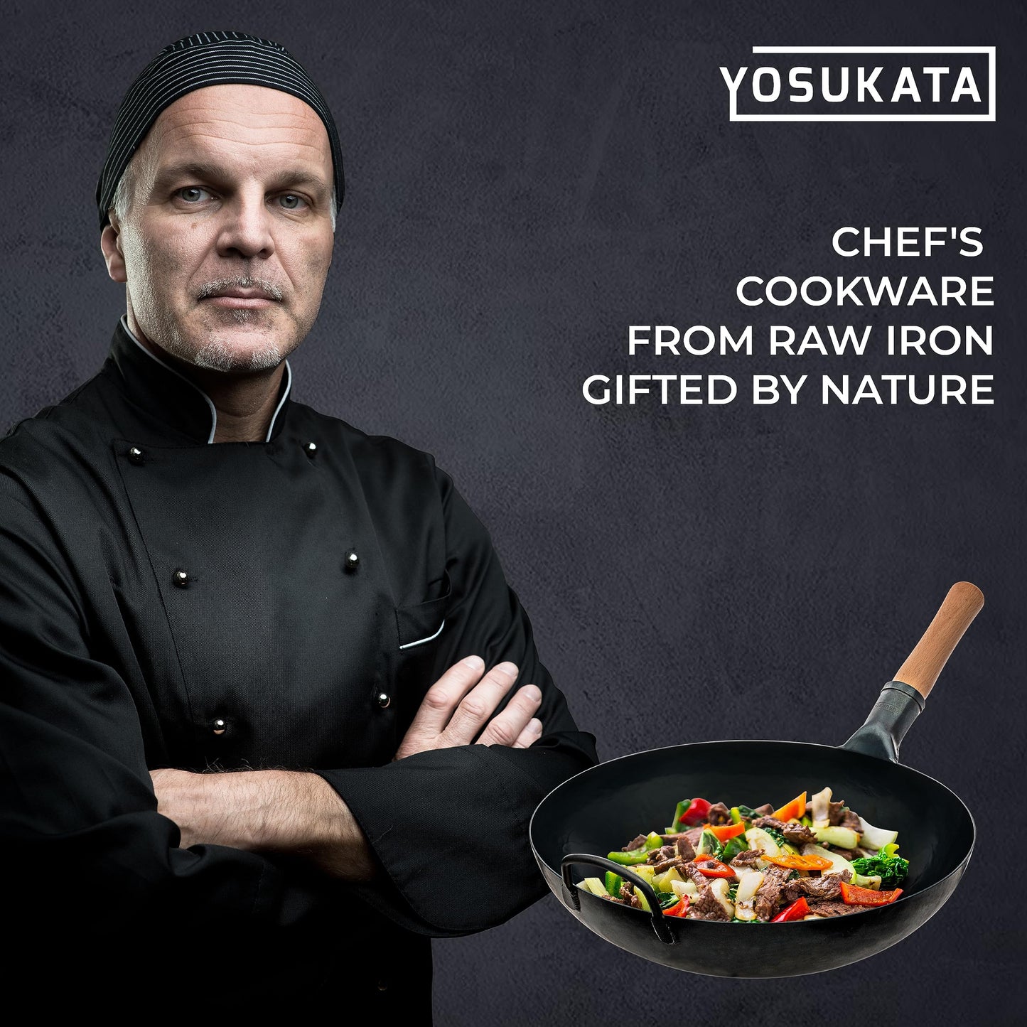 YOSUKATA Flat Bottom Wok Pan - 34 cm/13.5" Blue Carbon Steel Wok